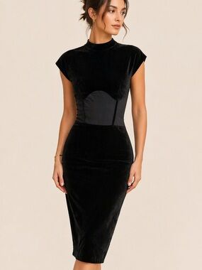 Anthropologie let me be Diane black velvet sheer middle midi dress